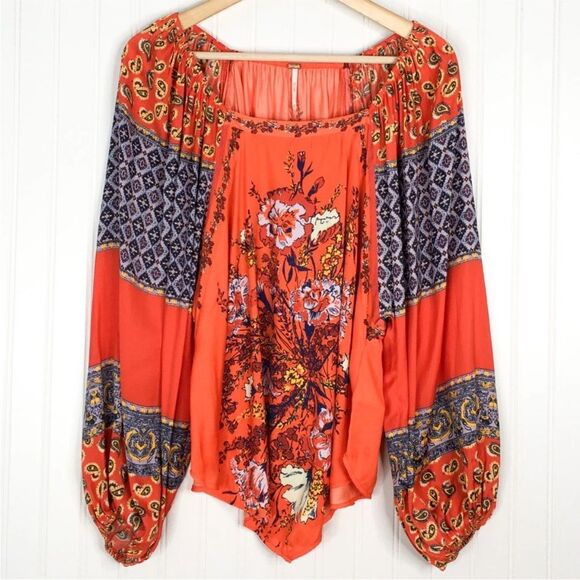 Free People Womens Positano Printed Blouse Orange Floral Off Shoulder Boho large - Picture 4 of 8